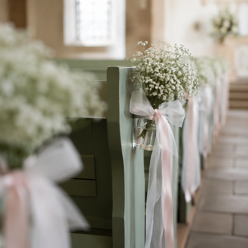 Elegant Chapel Pew Wedding Floral Decor