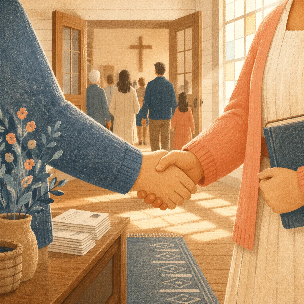 Warm Church Welcome Handshake in Chapel Foyer