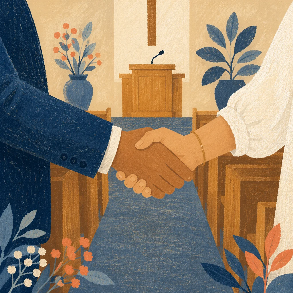 Warm Church Welcome Handshake in Sanctuary