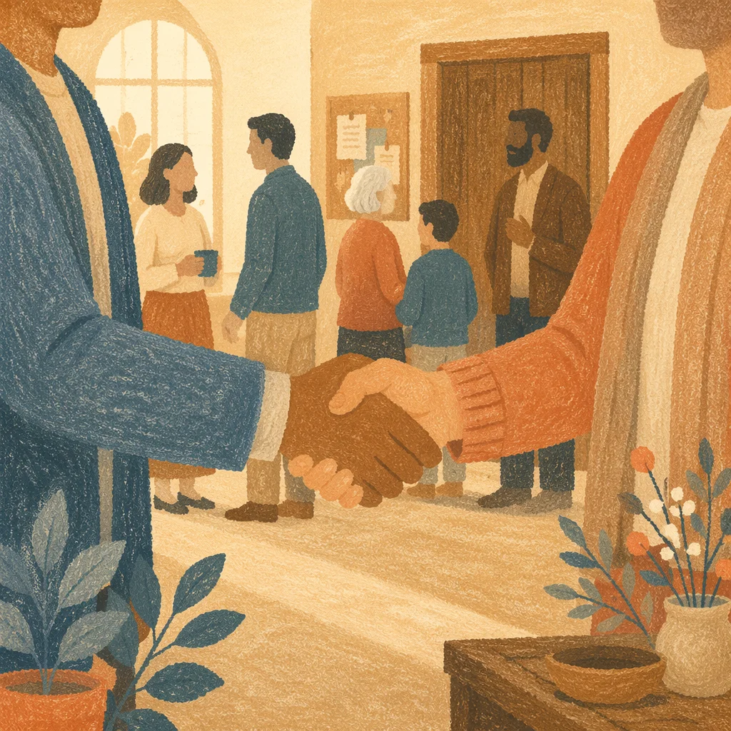 Warm Church Welcome Handshake in Foyer