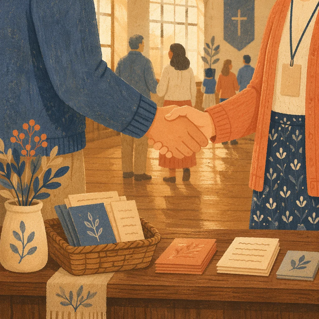 Warm Church Welcome Handshake in Foyer