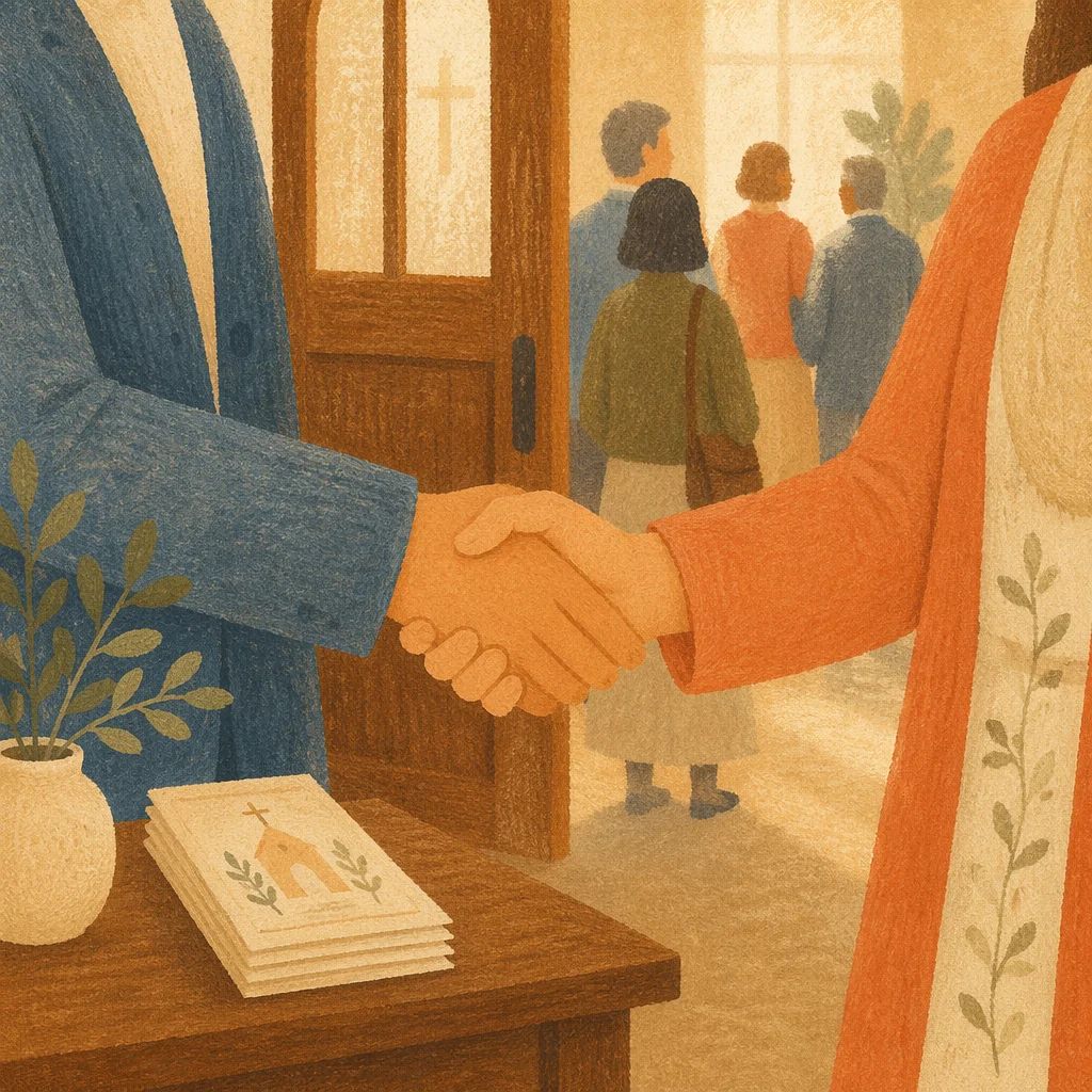 Warm Church Welcome Handshake in Chapel Foyer
