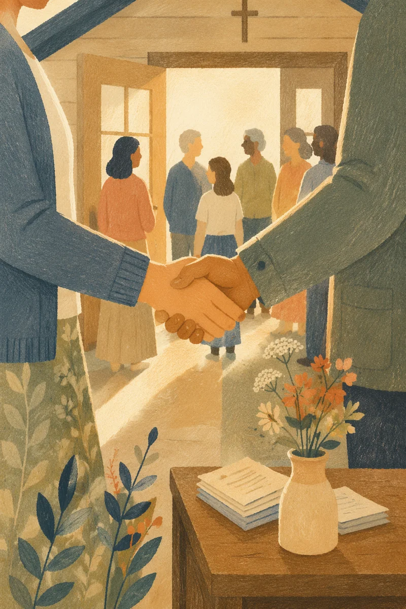 Warm Church Welcome Handshake at Chapel Entrance