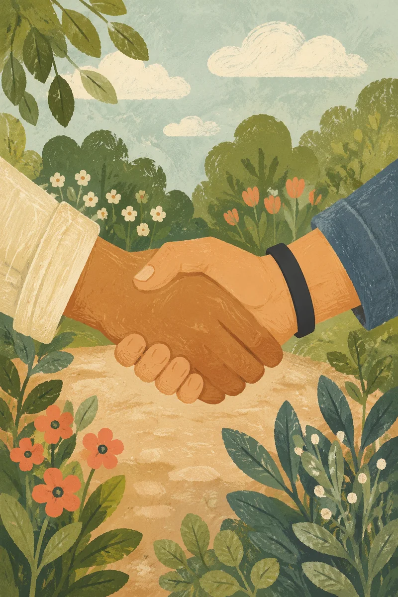 Warm Church Welcome Handshake in Garden Courtyard