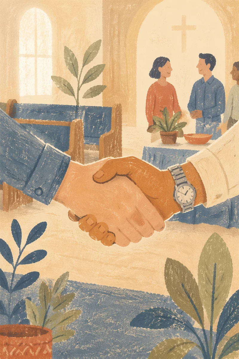 Warm Church Welcome Handshake in Foyer