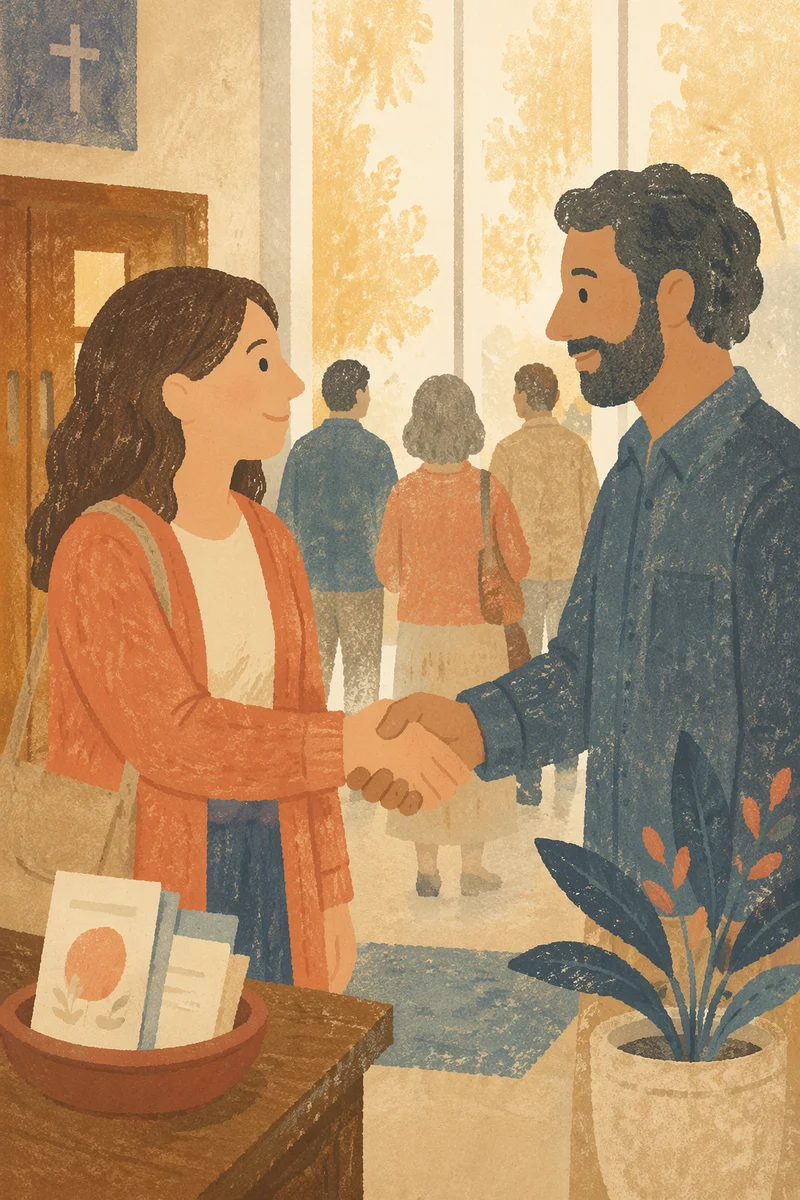 Warm Church Welcome Handshake in Foyer