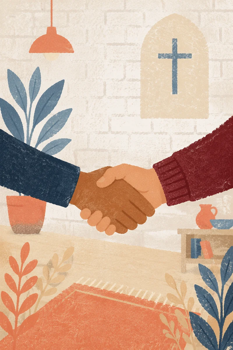 Warm Church Welcome Handshake in Foyer