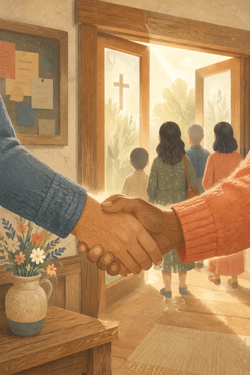 Warm Church Welcome Handshake in Wooden Foyer
