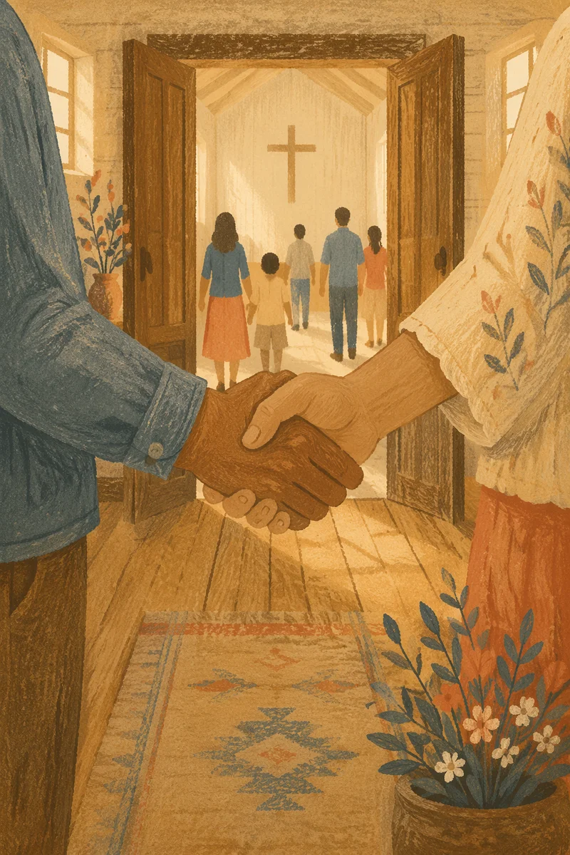 Warm Church Welcome Handshake in Chapel Entryway