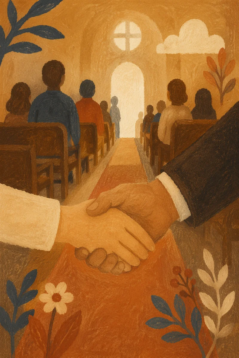 Warm Church Welcome Handshake in Sanctuary