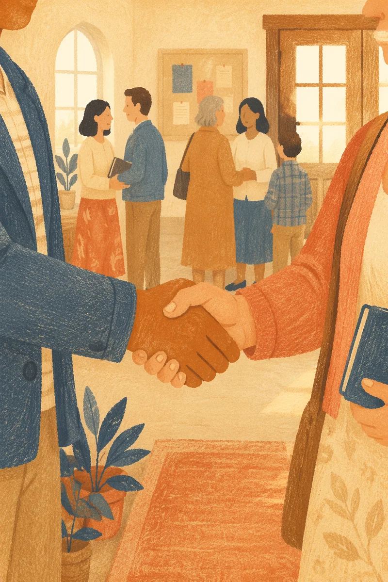 Warm Church Welcome Handshake in Foyer