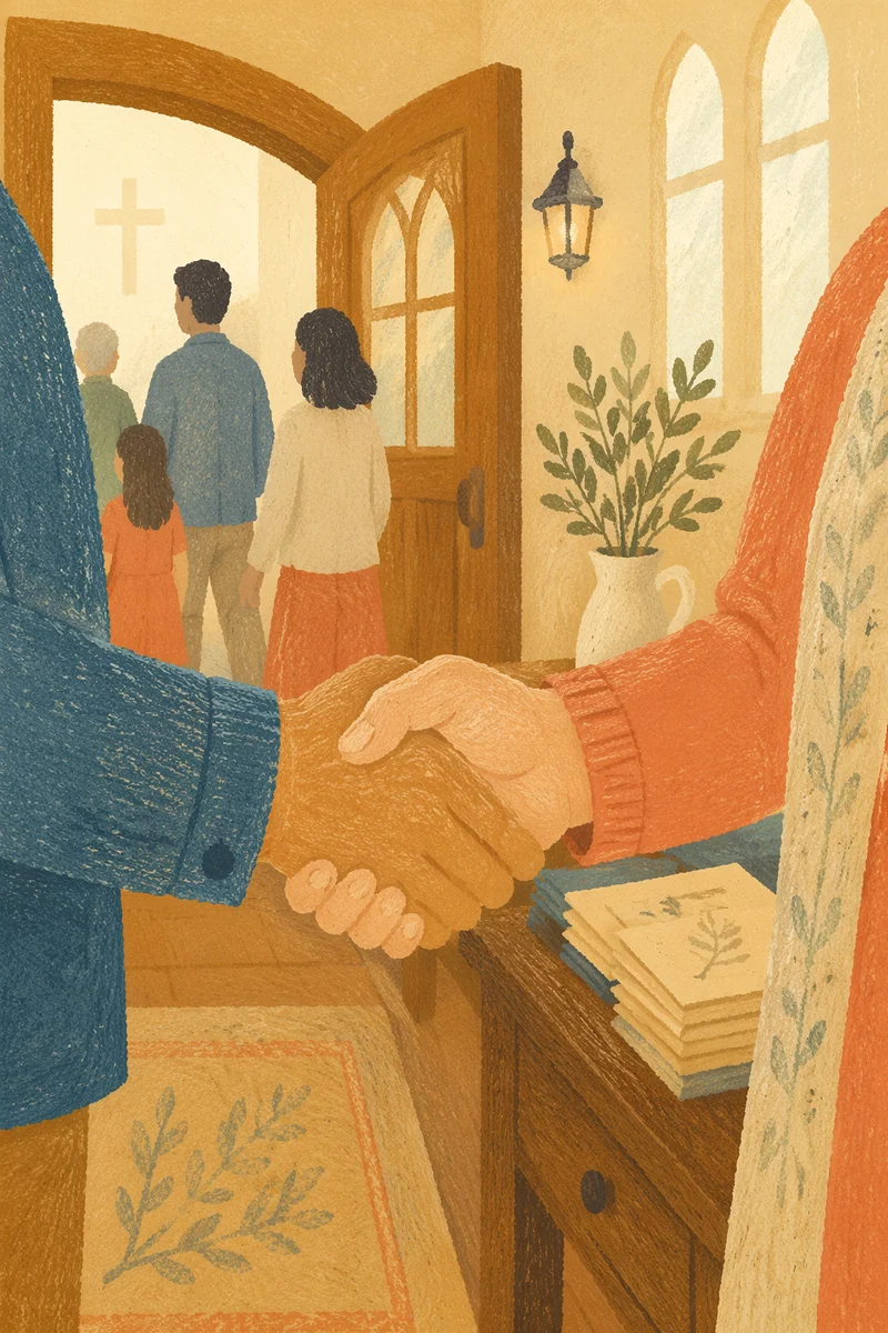 Warm Church Welcome Handshake in Chapel Foyer