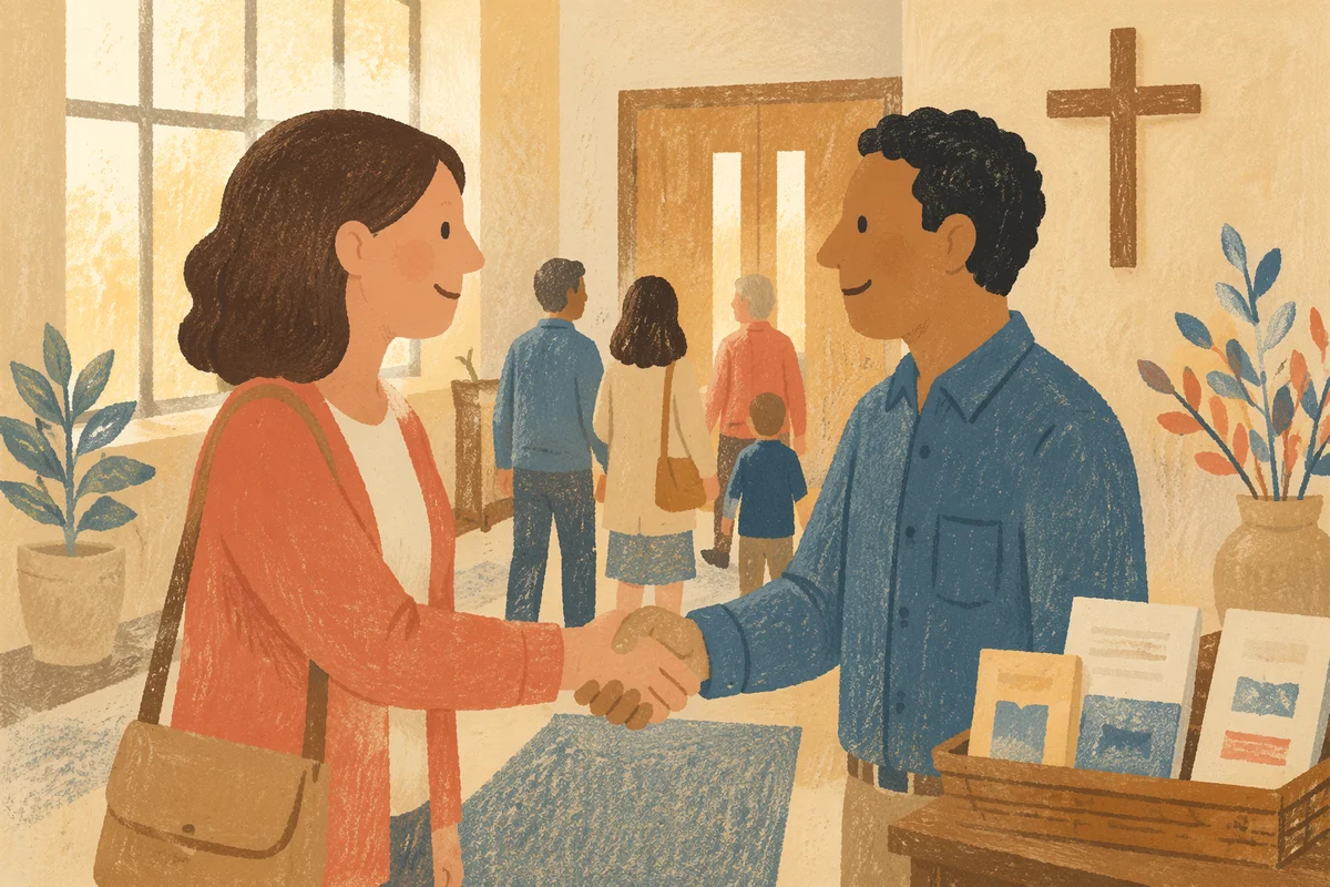 Warm Church Welcome Handshake in Foyer