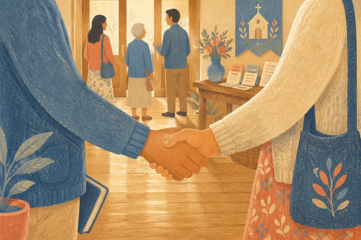 Warm Church Welcome Handshake in Foyer