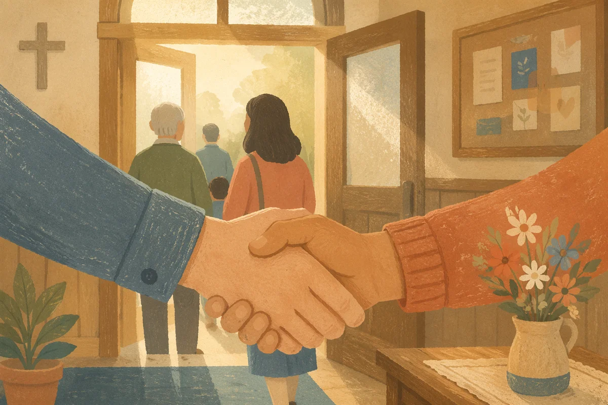 Warm Church Welcome Handshake in Foyer