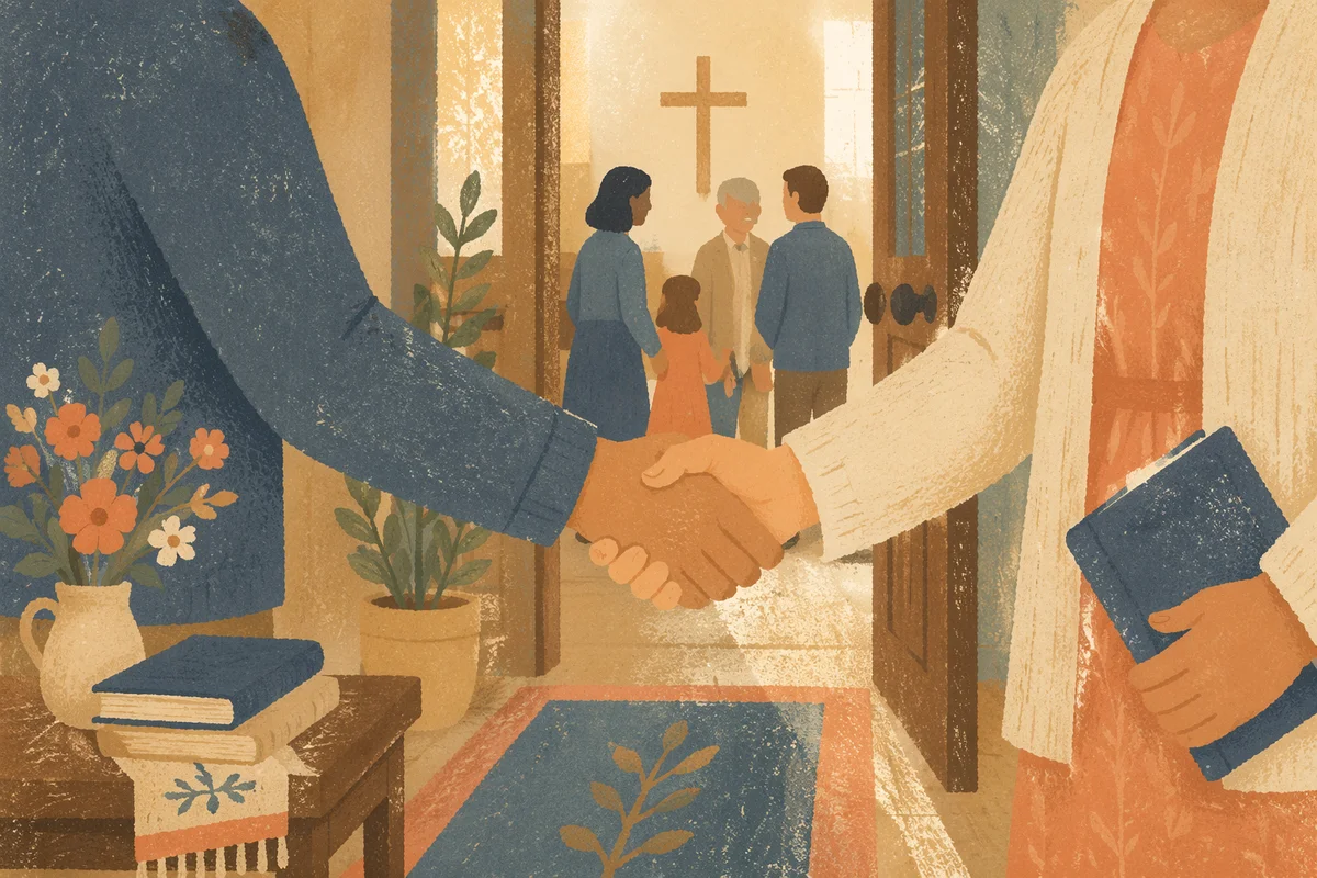 Warm Church Welcome Handshake in Chapel Foyer