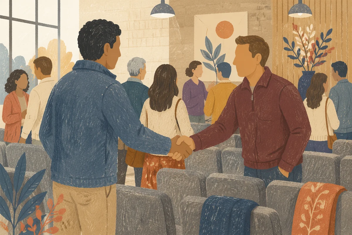 Warm Church Welcome Handshake in Fellowship Hall