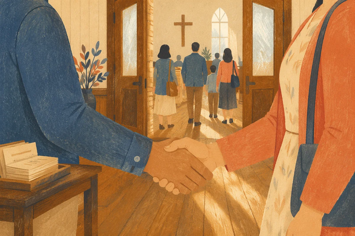 Warm Church Welcome Handshake in Chapel Lobby