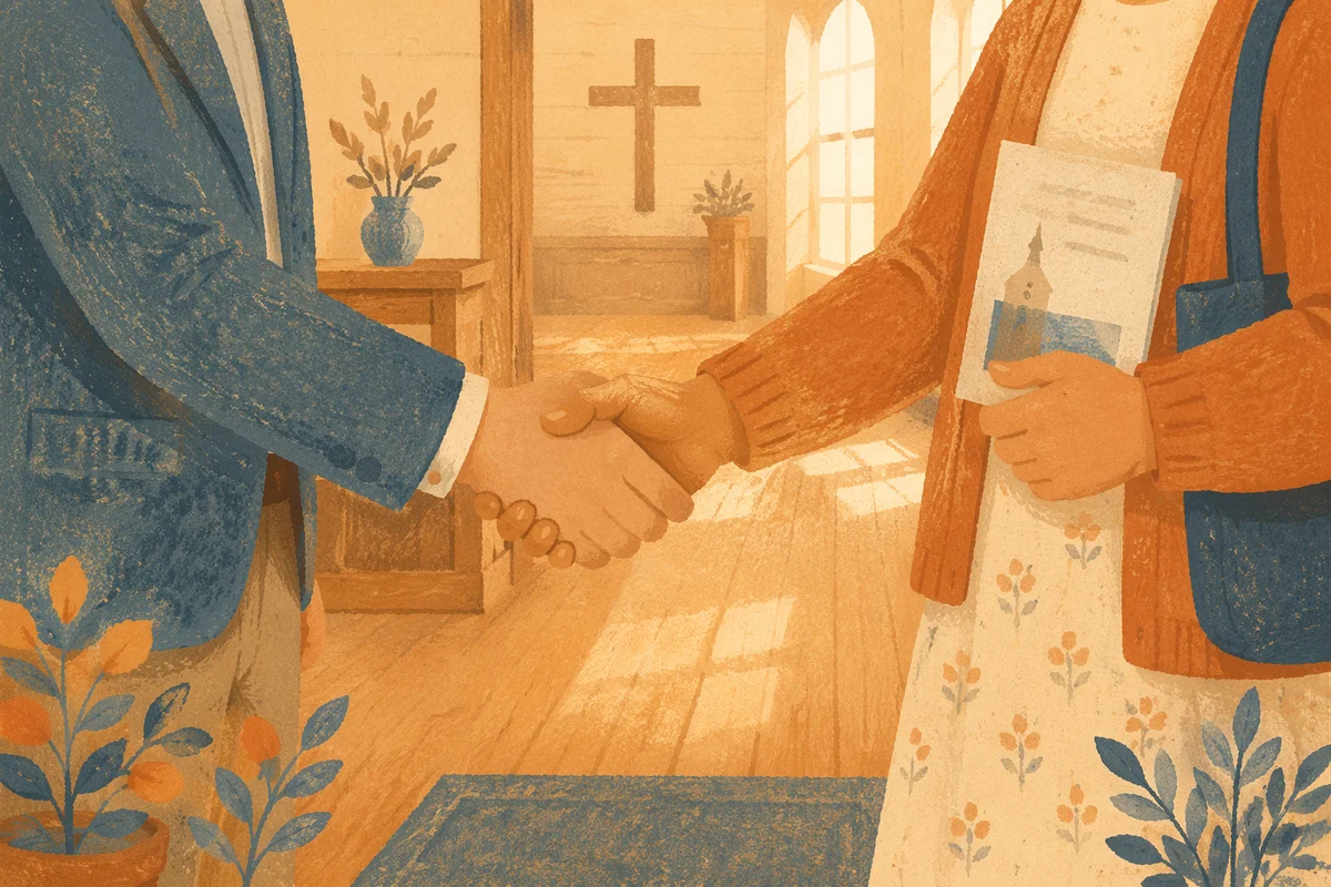 Warm Church Welcome Handshake in Chapel Foyer