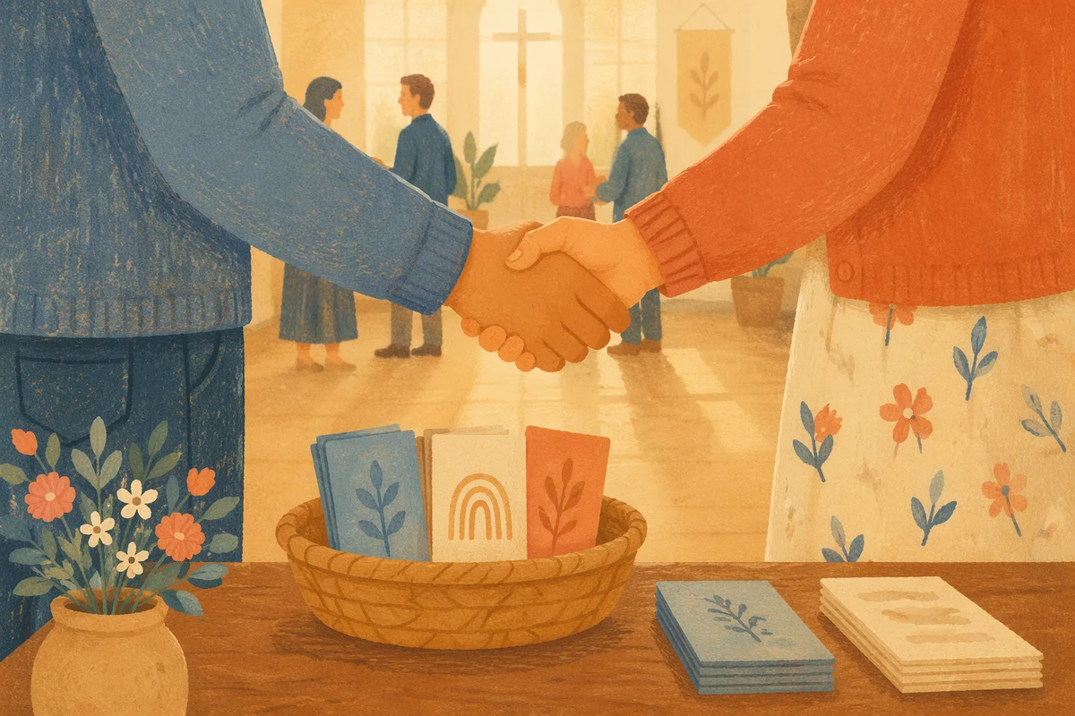 Warm Church Welcome Handshake in Foyer