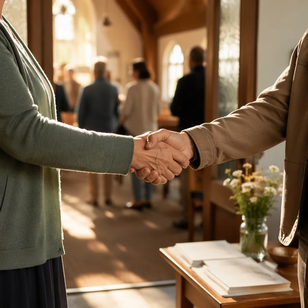 Warm Church Welcome Handshake at Chapel Entrance