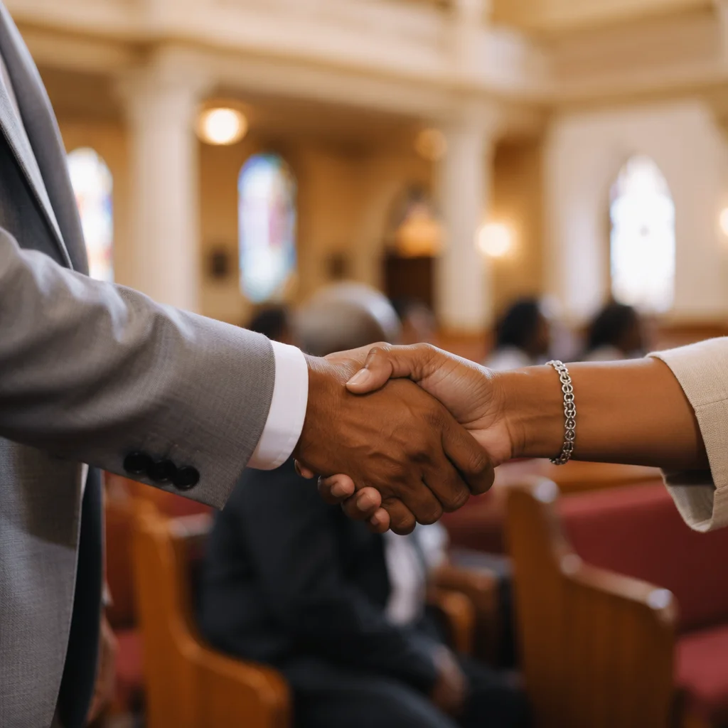 Warm Church Welcome Handshake in Sanctuary