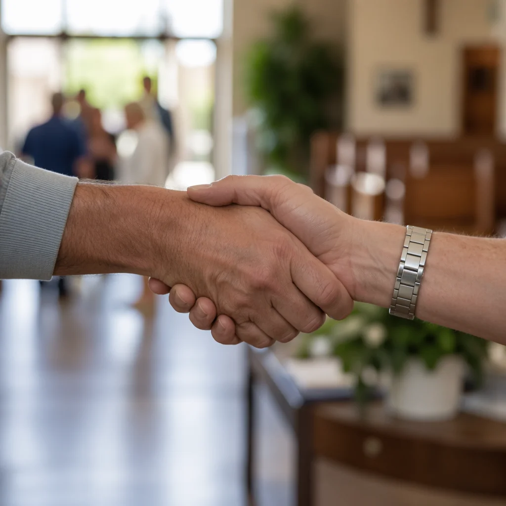 Warm Church Welcome Handshake in Foyer
