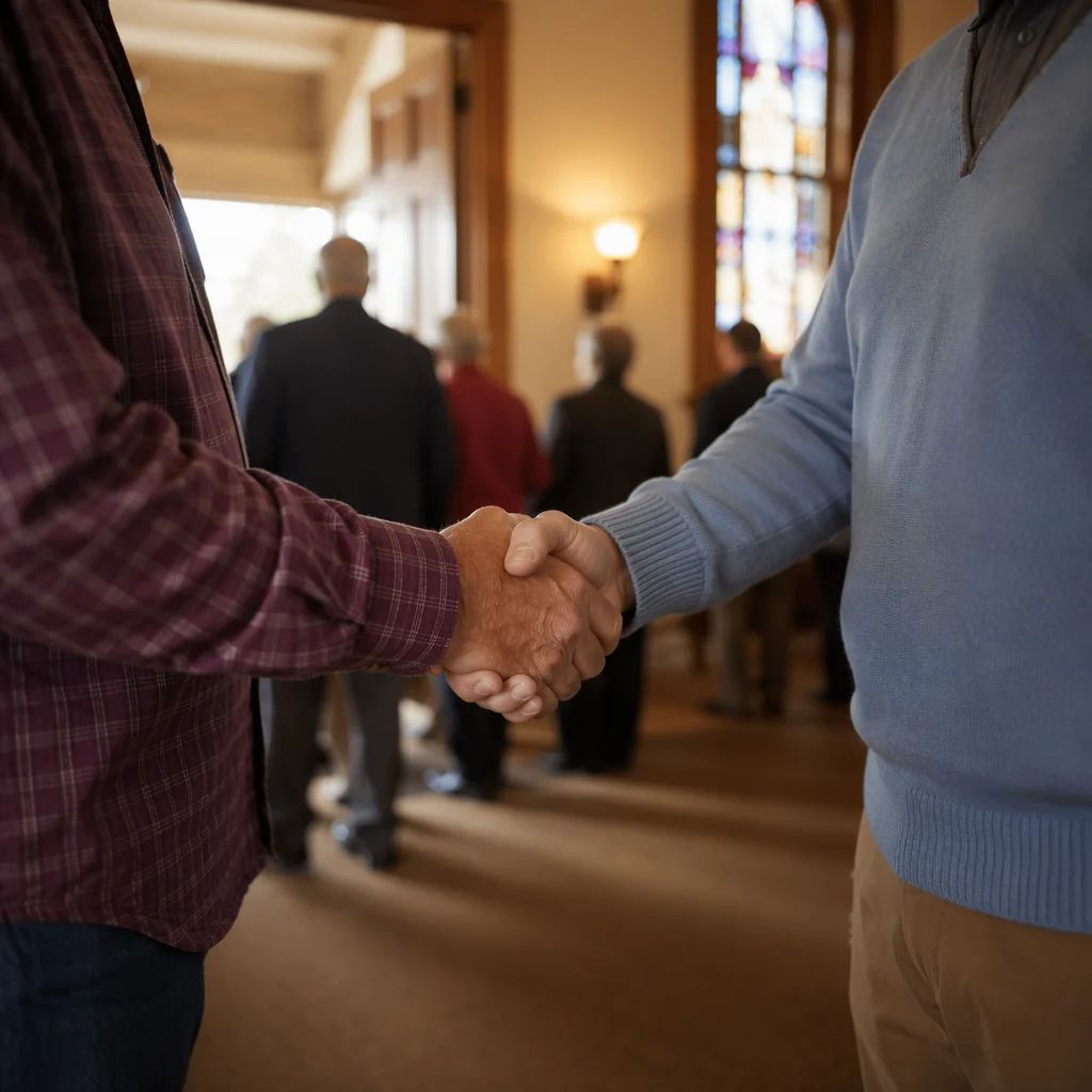 Warm Church Welcome Handshake in Foyer