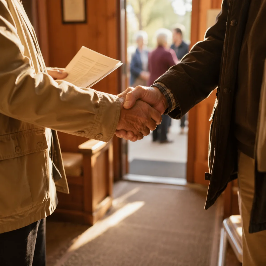 Warm Church Welcome Handshake in Chapel Foyer
