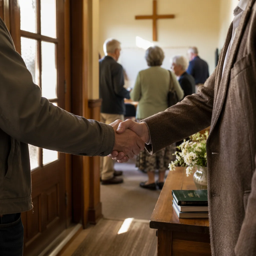 Warm Church Welcome Handshake in Chapel Foyer