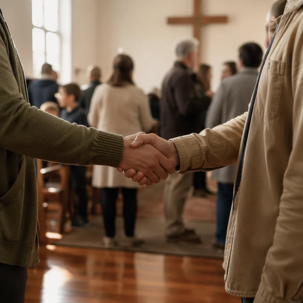 Warm Church Welcome Handshake in Chapel Foyer