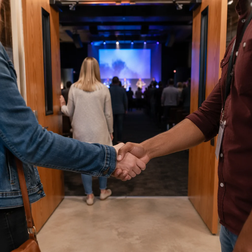 Warm Church Welcome Handshake at Open Doors