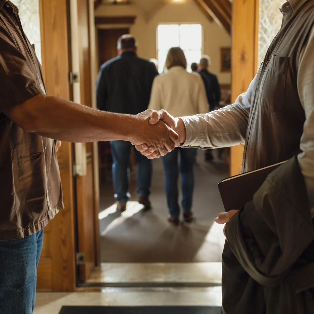 Warm Church Welcome Handshake at Chapel Doorway