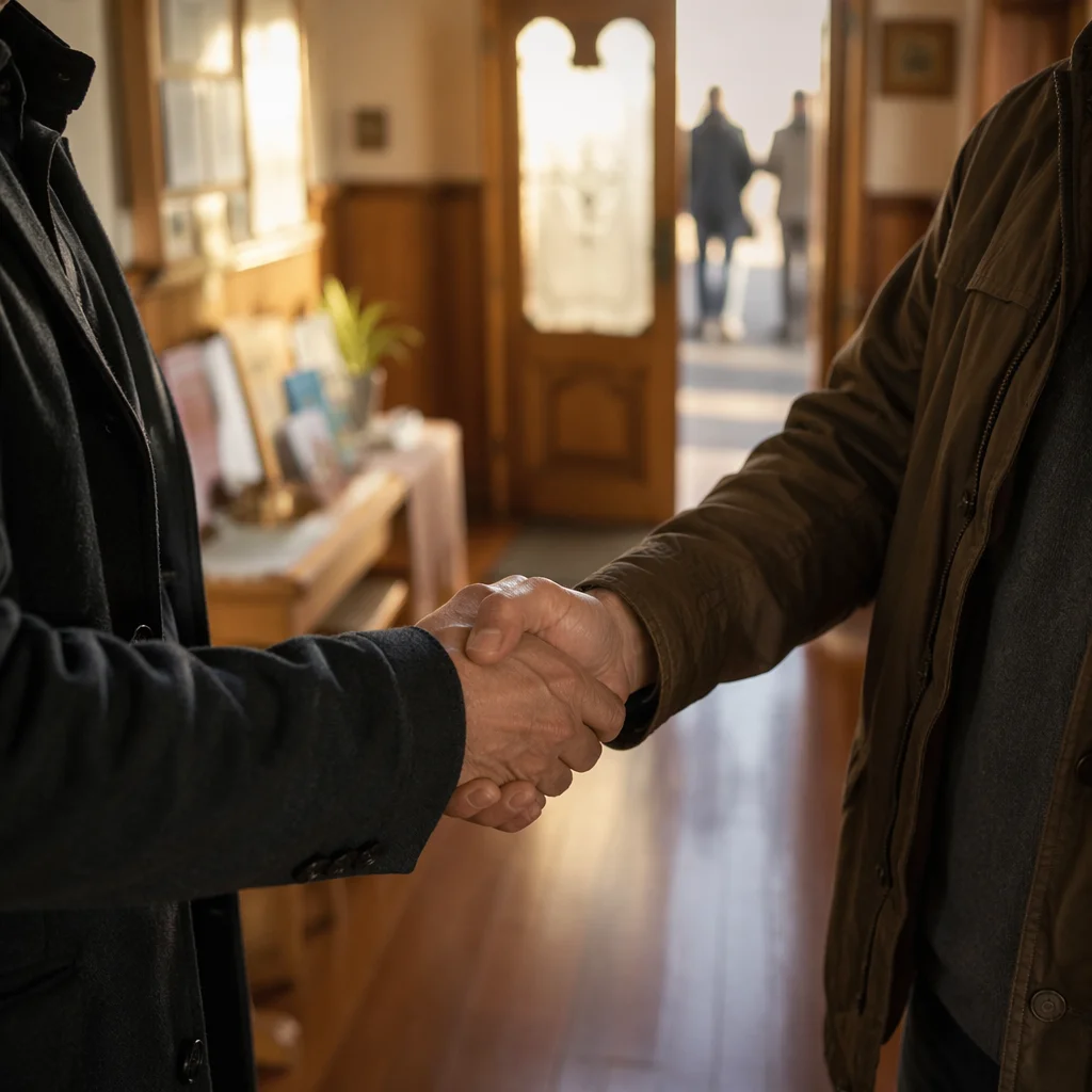 Warm Church Welcome Handshake in Chapel Foyer