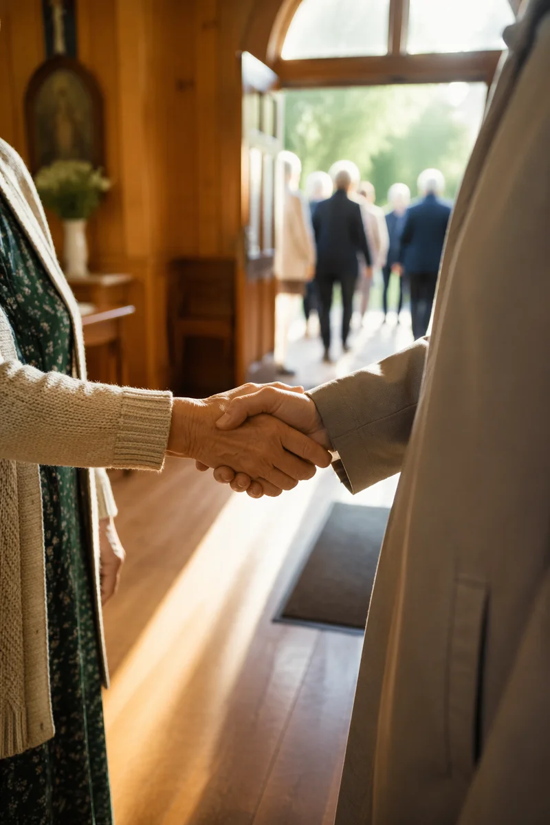 Warm Church Welcome Handshake at Chapel Entrance