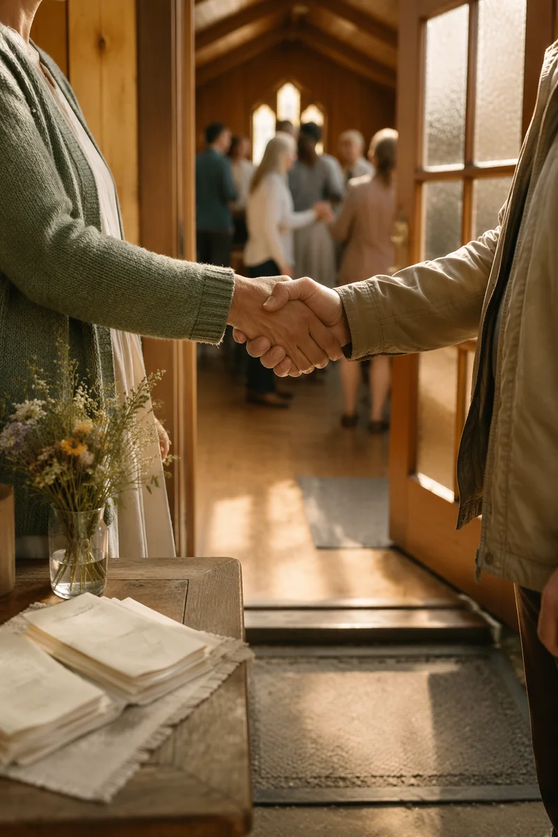 Warm Church Welcome Handshake at Chapel Entrance