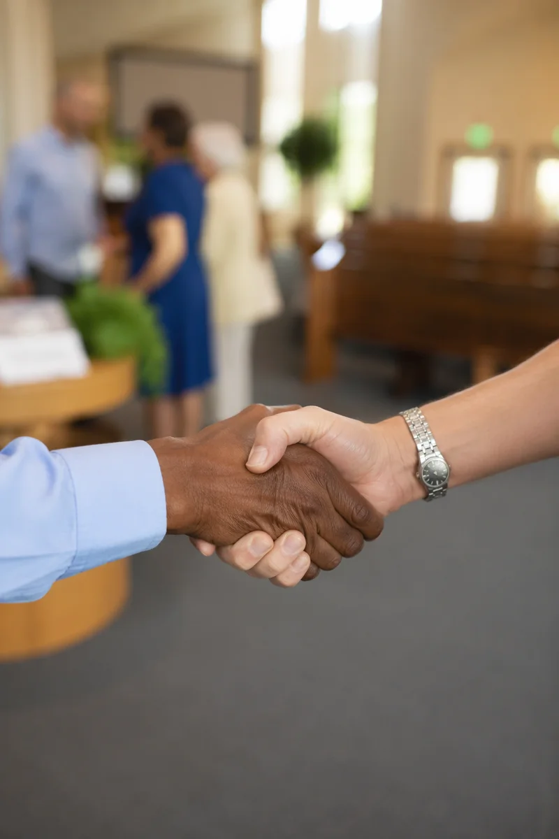 Warm Church Welcome Handshake in Foyer