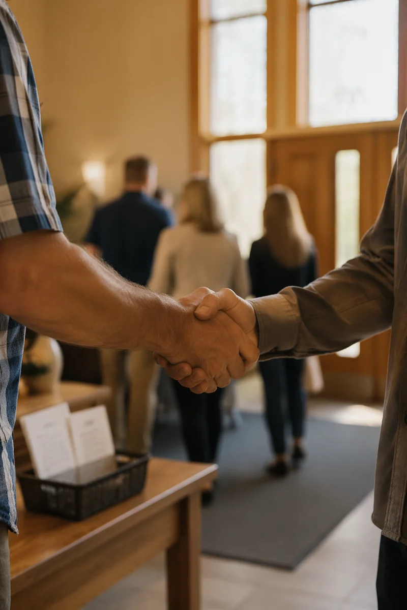 Warm Church Welcome Handshake in Foyer
