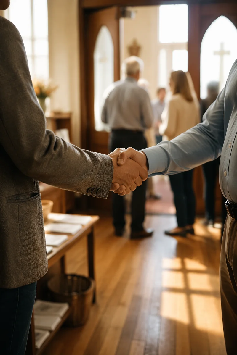 Warm Church Welcome Handshake in Foyer