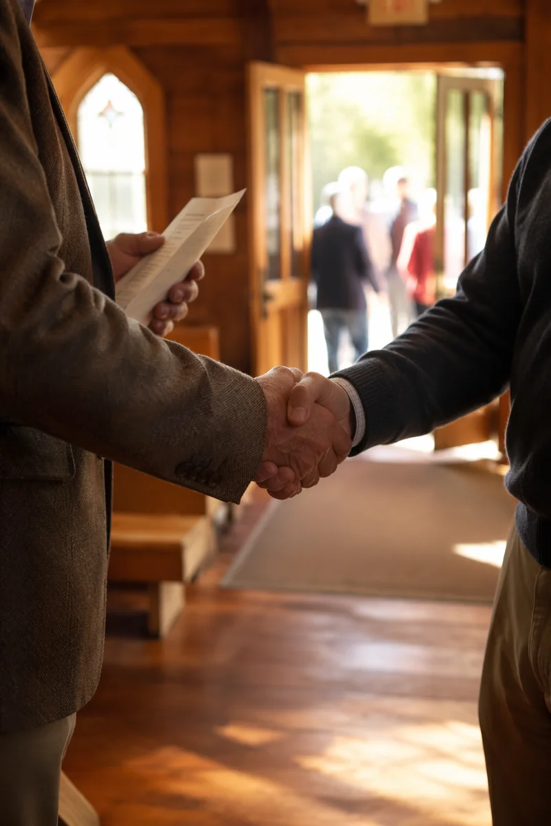 Warm Church Welcome Handshake in Chapel Foyer