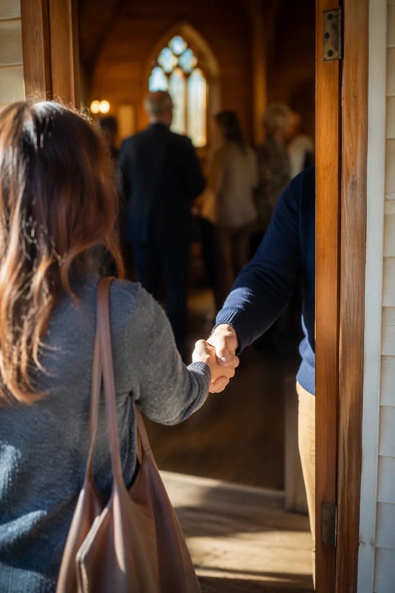 Warm Church Welcome Handshake at Chapel Doorway