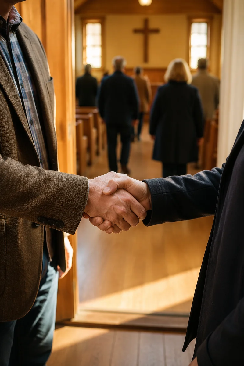 Warm Church Welcome Handshake at Chapel Entrance