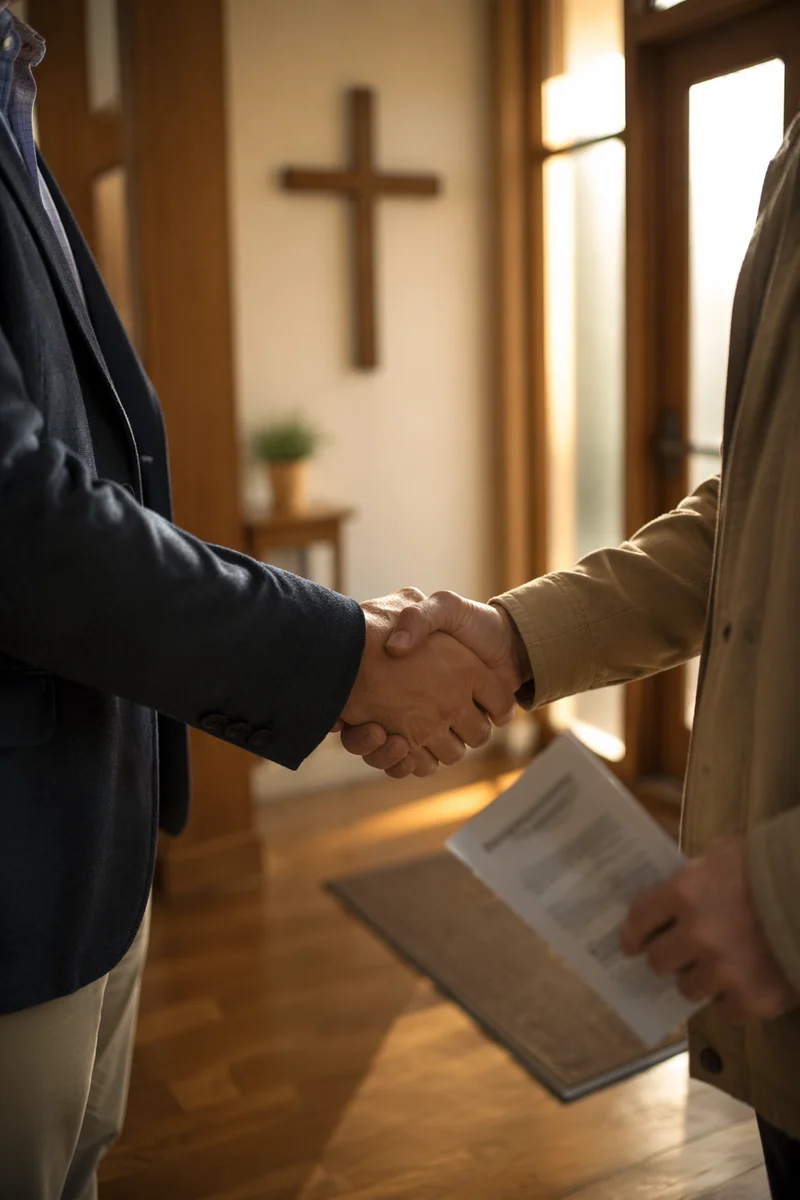 Warm Church Welcome Handshake in Chapel