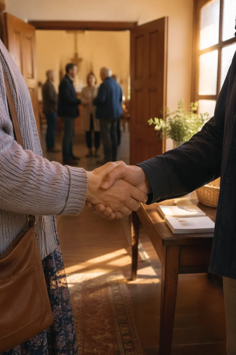 Warm Church Welcome Handshake in Chapel Foyer