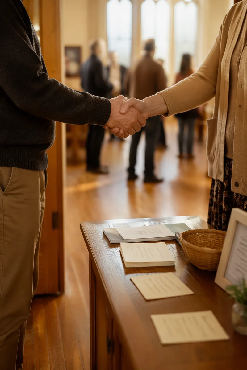Warm Church Welcome Handshake in Foyer