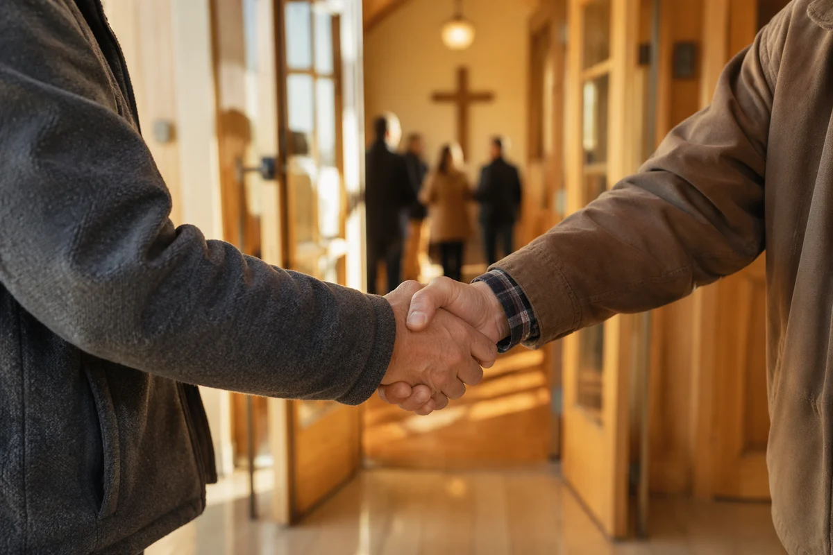 Warm Church Welcome Handshake in Chapel Foyer