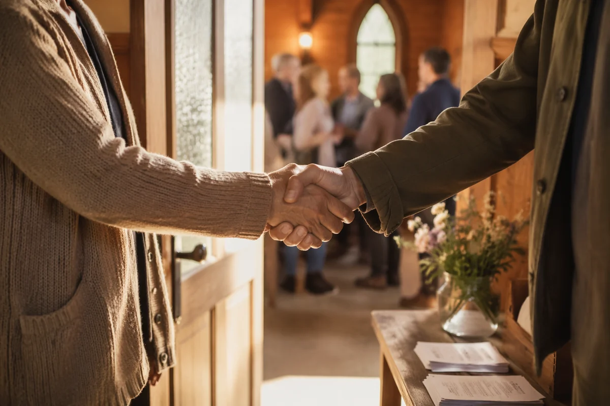 Warm Church Welcome Handshake at Chapel Entrance