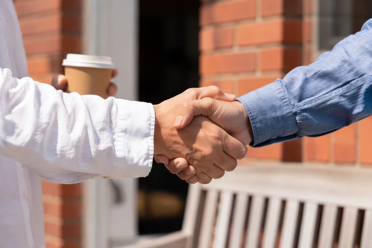 Warm Church Welcome Handshake Outside Entrance
