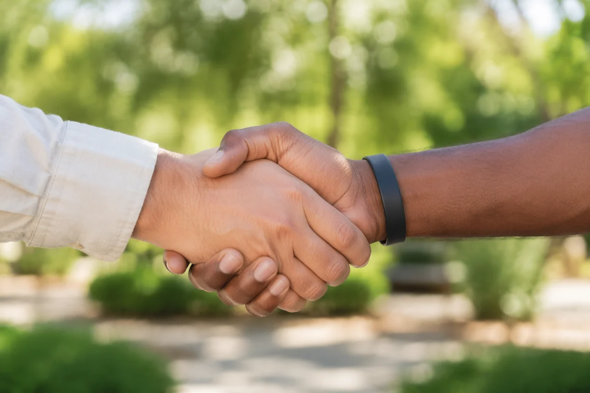 Warm Church Welcome Handshake in Garden Courtyard