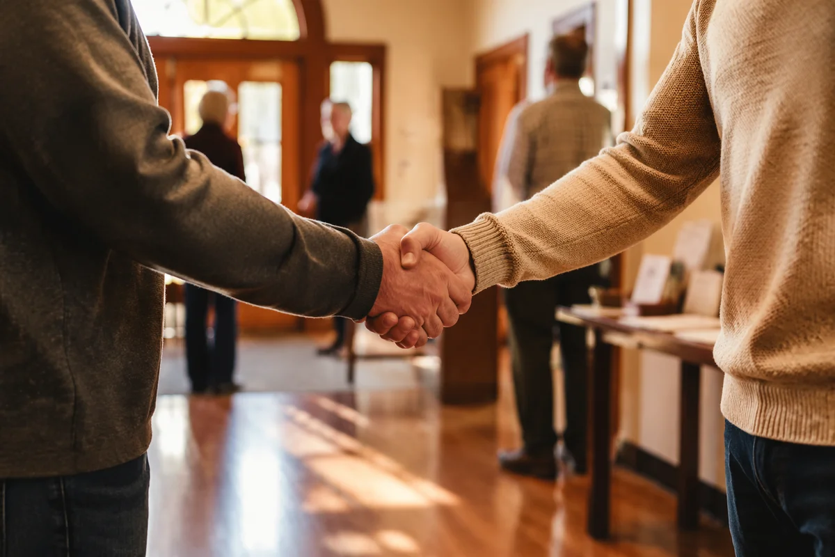 Warm Church Welcome Handshake in Foyer